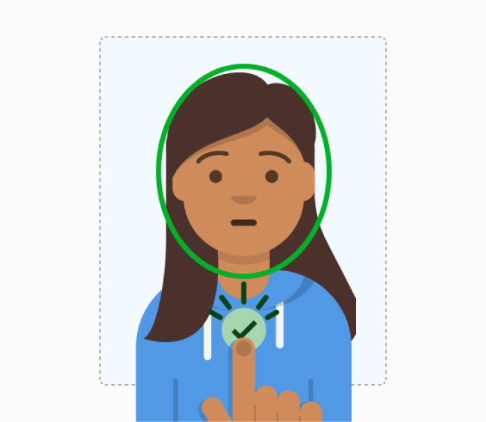 A person with their face in a green oval. A finger taps a checkmark under the face to confirm the photo.