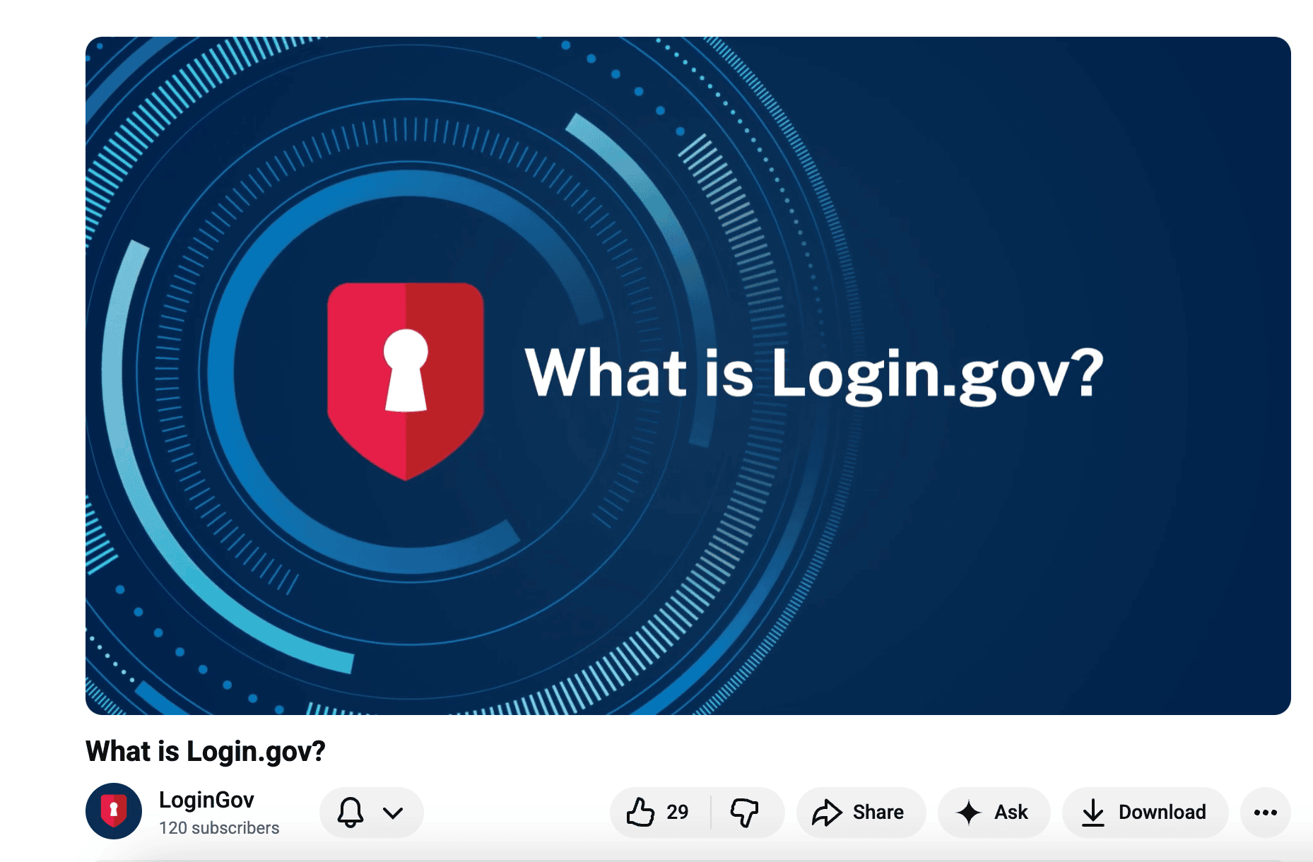 Blue background with white text next to program logo: "What is Login.gov?"